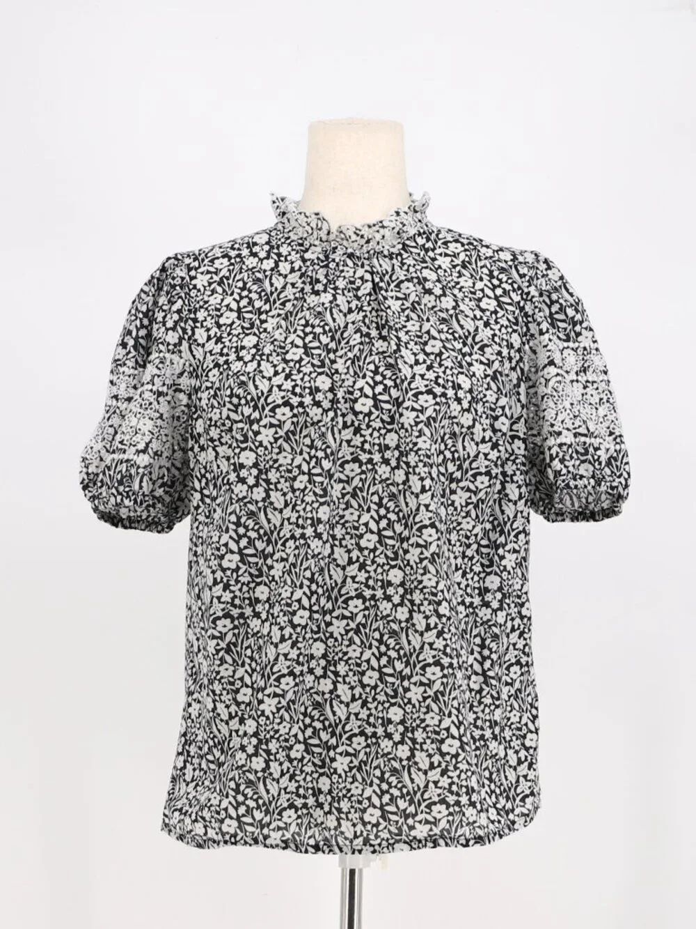 BODEN Floral Ruffle Mockneck Short Puff Sleeve Cotton Top Size 8